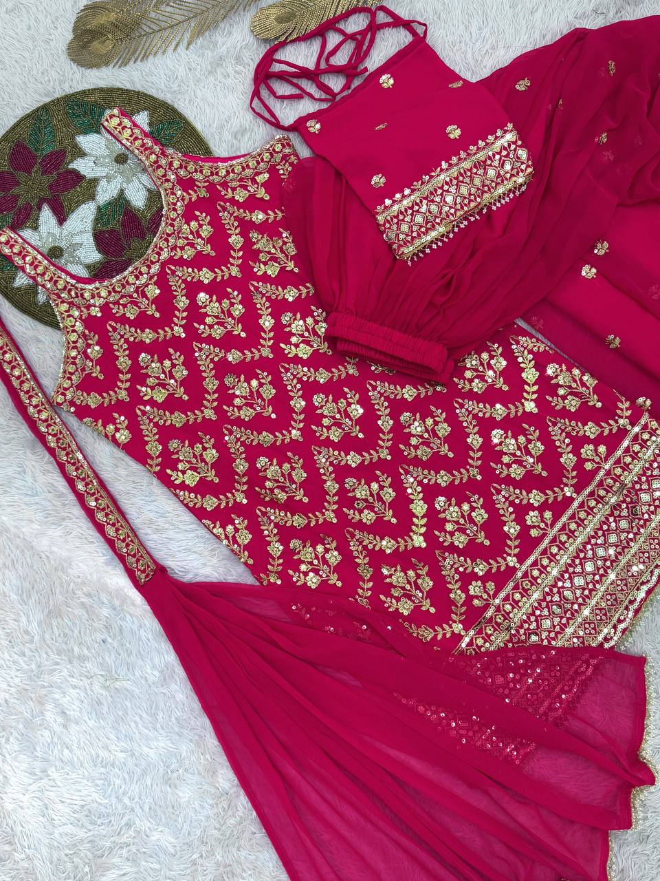 Prazu Fashion Pink Georgette Embroidered Sequin Palazzo Suit