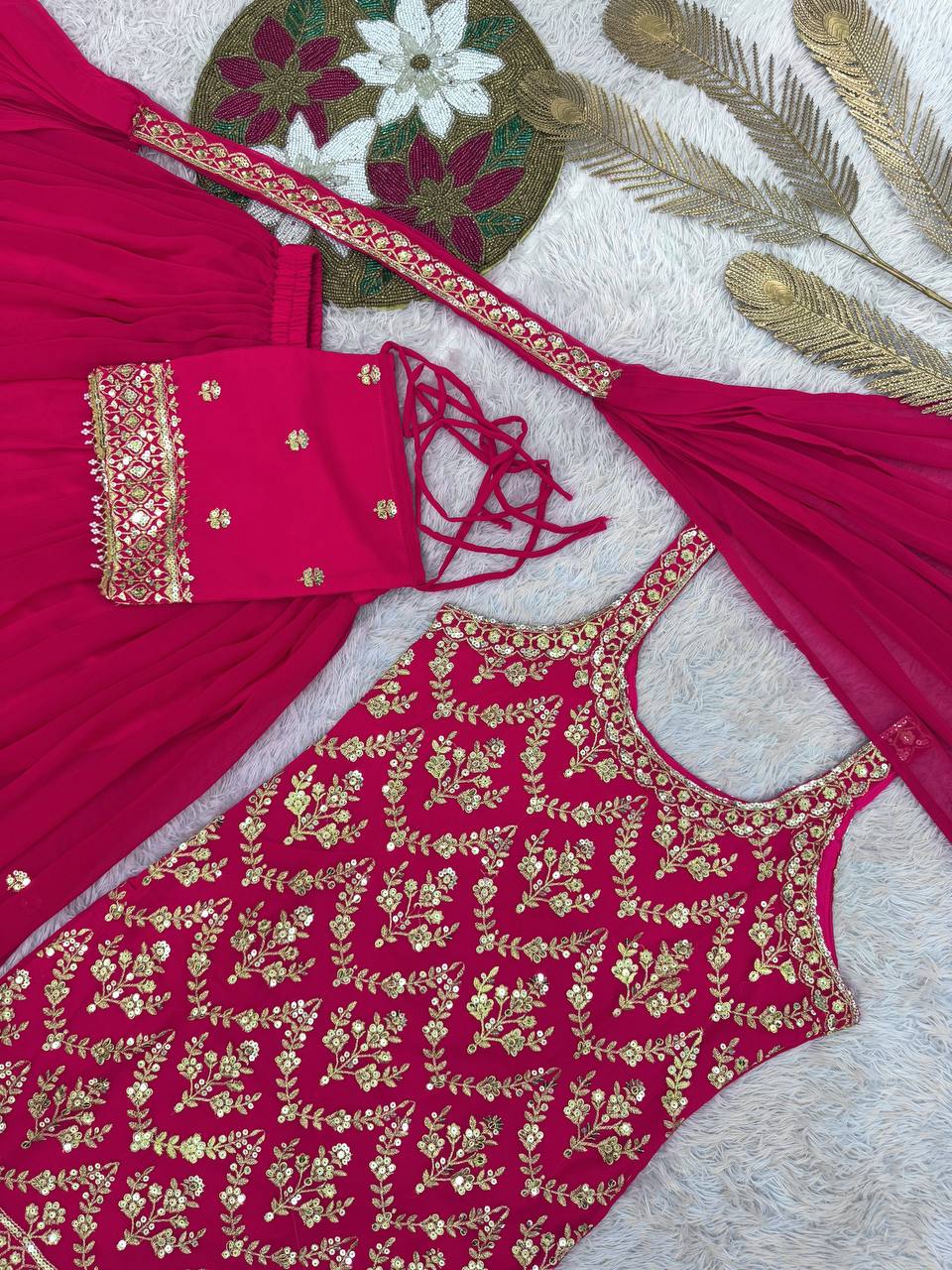 Prazu Fashion Pink Georgette Embroidered Sequin Palazzo Suit