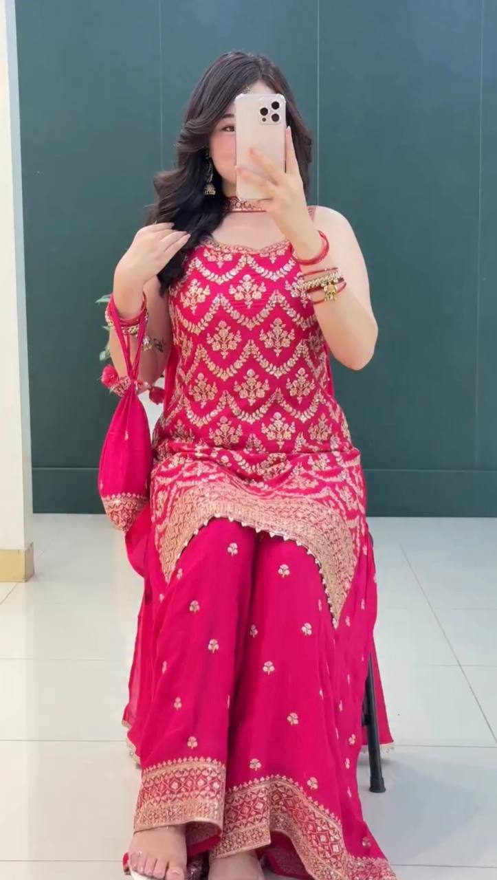 Prazu Fashion Pink Georgette Embroidered Sequin Palazzo Suit