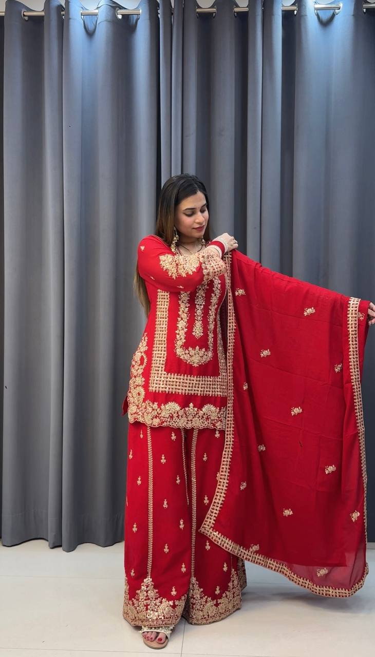 Prazu Fashion Red Georgette Embroidered Sequin Palazzo Suit