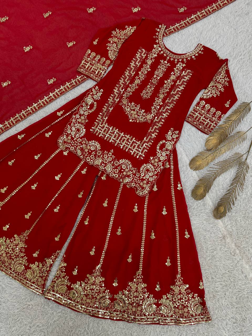 Prazu Fashion Red Georgette Embroidered Sequin Palazzo Suit