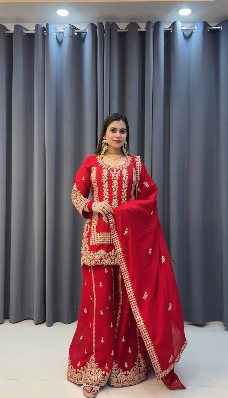 Prazu Fashion Red Georgette Embroidered Sequin Palazzo Suit