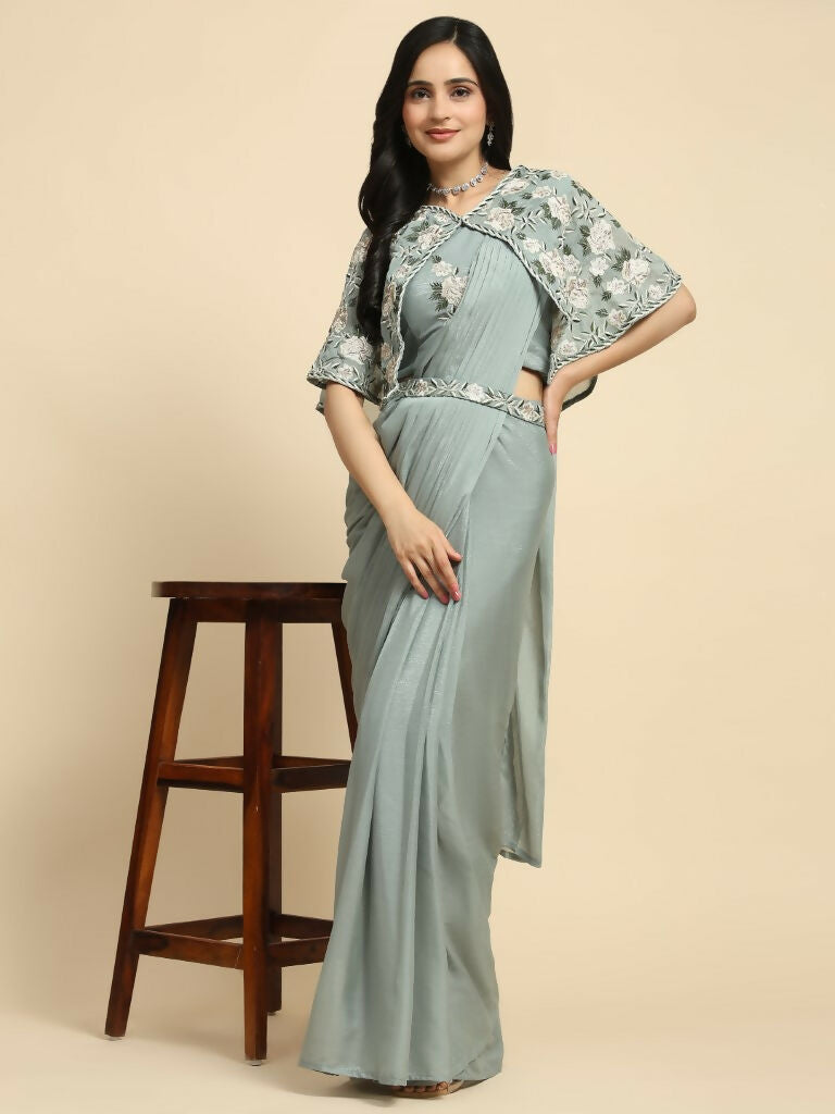 Sea Green Chiffon Solid Ready to wear Saree with stitched Blouse - Aayan