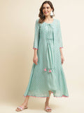 Sea Green Cotton Solid Flared Dress with Printed Shrug - Yukti
