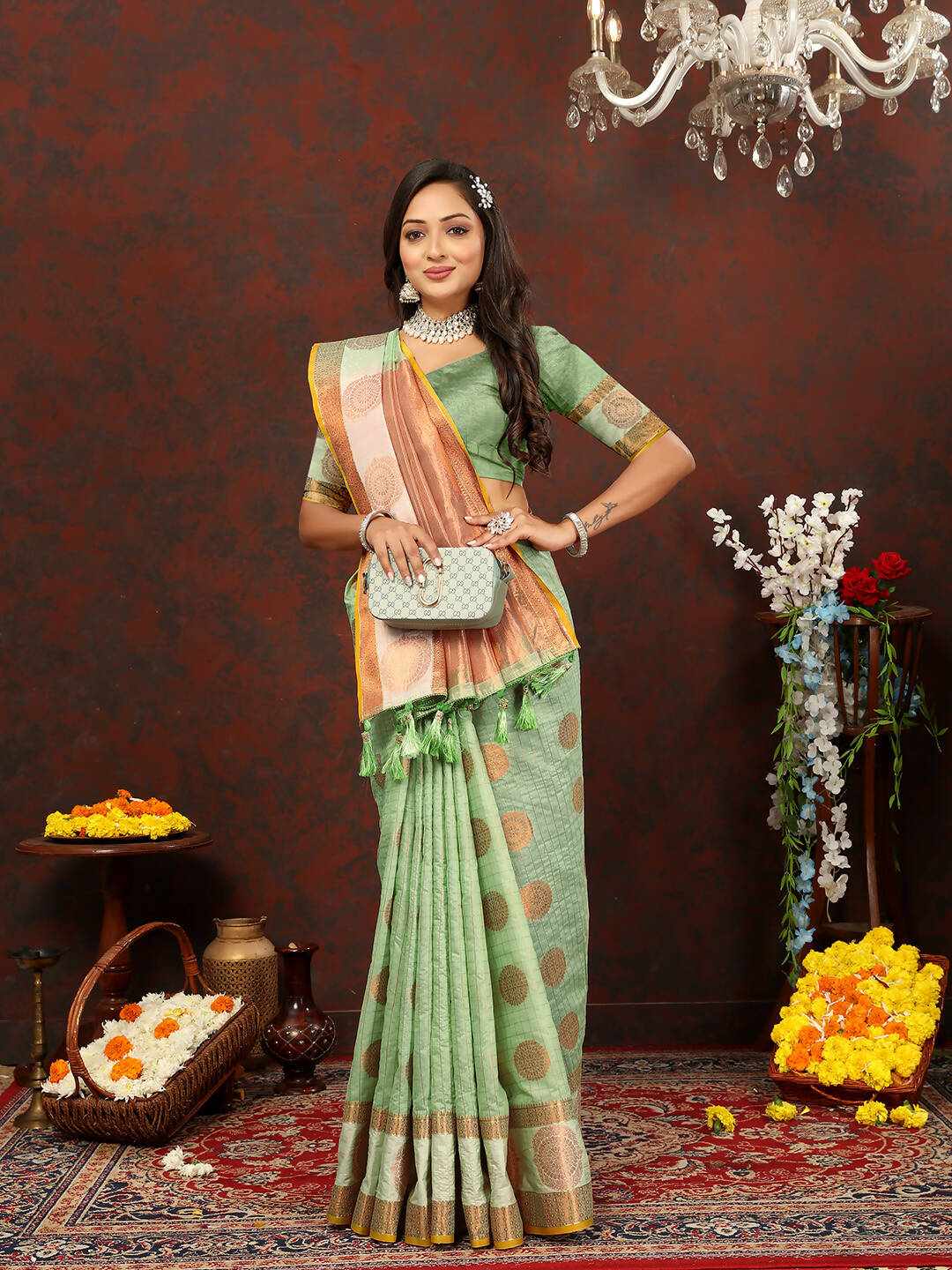 Lorenvalley Fashion Seagreen Cotton with Woven Design Zari Weaving Saree