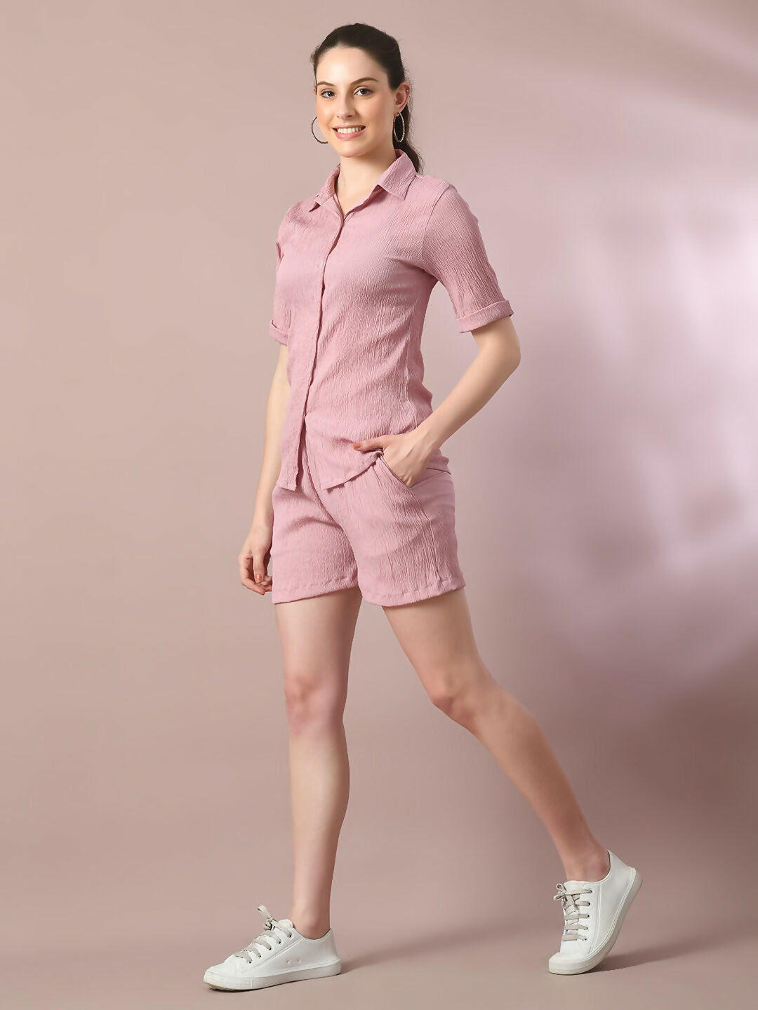 Myshka Women's Pink Solid Shirt Collar Party Shirt With Shorts Co-ord set