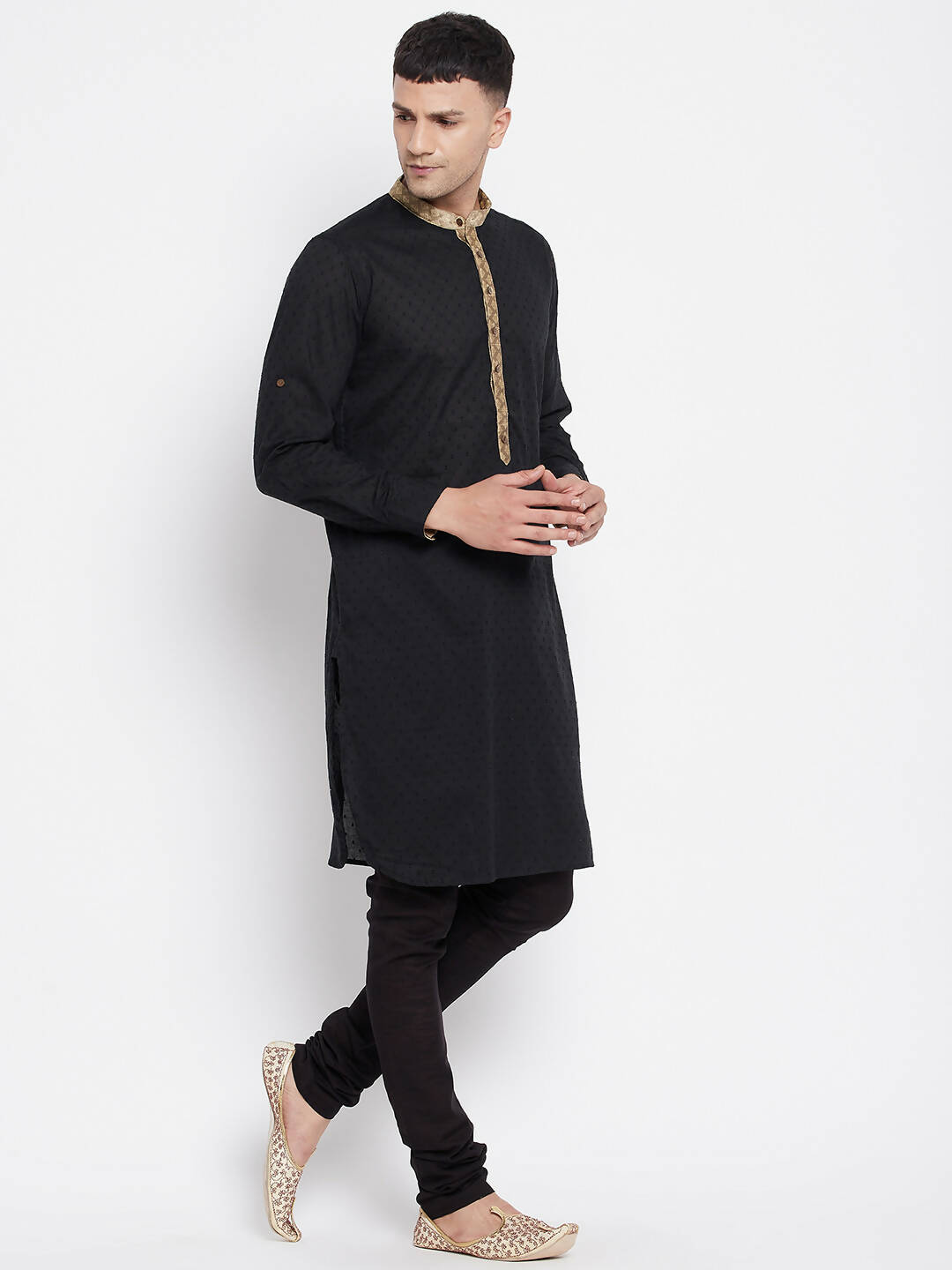 Even Apparels Black Pure Cotton Men's Kurta With Contrast Collar And Placket