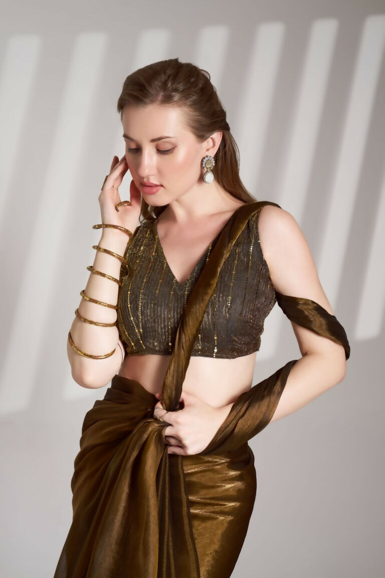 Brown Burberry Organza Solid Fancy Designer Saree - Nafisa