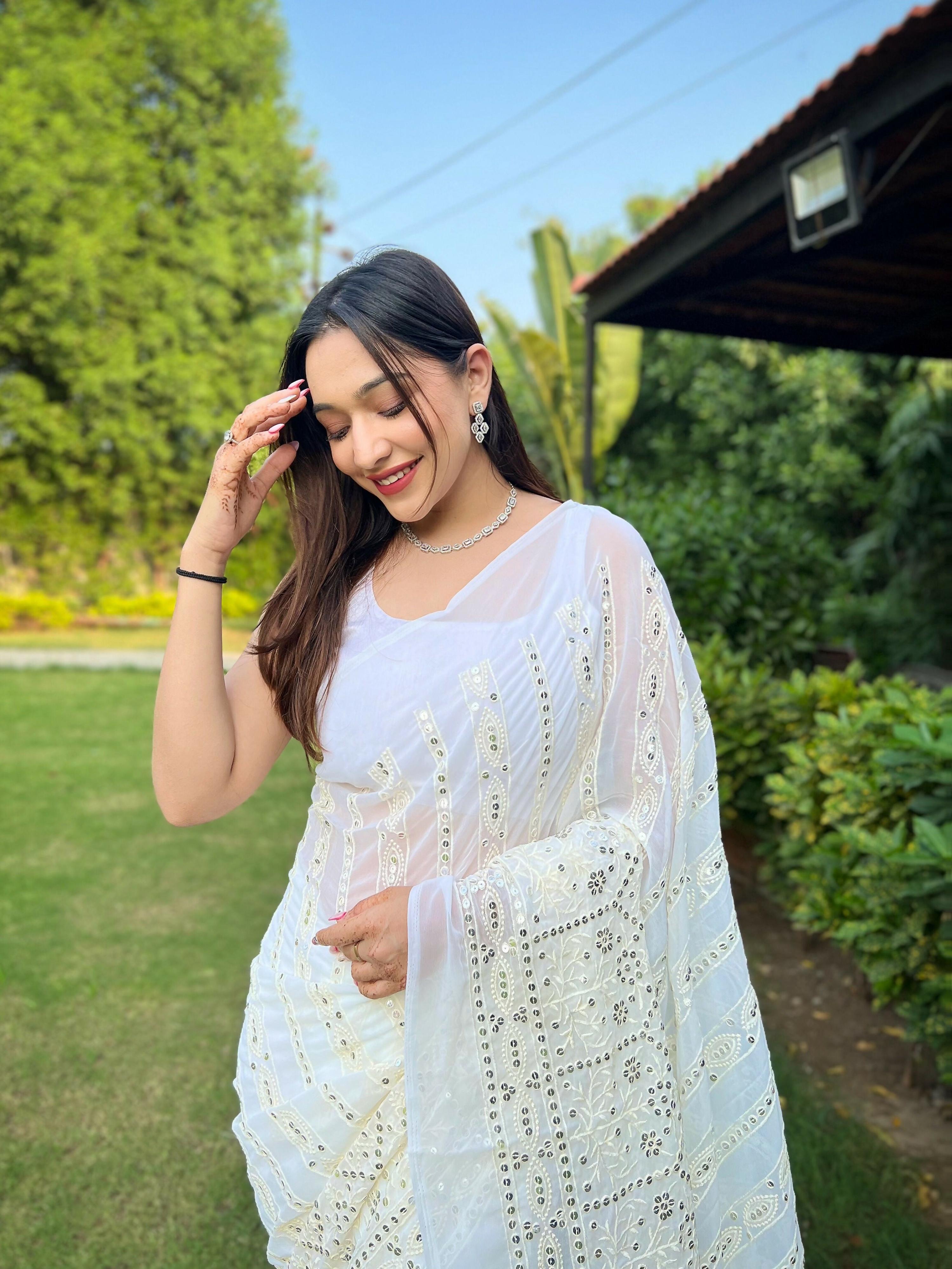 Vamsee V5-White Organza Saree