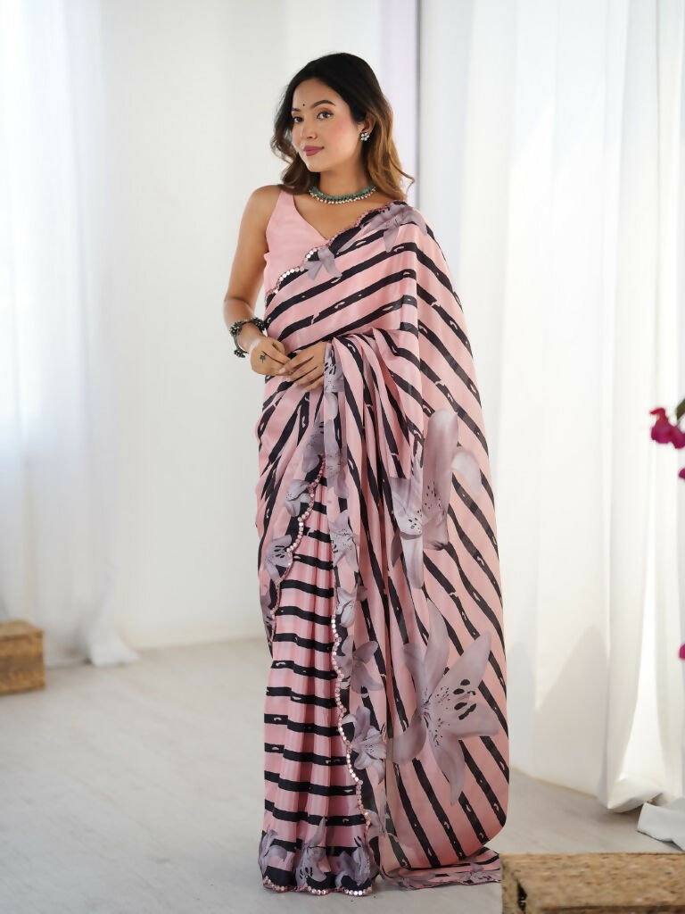 Pink Chinon Designer Digital Printed,Mirror Cut Work Saree - Manvika