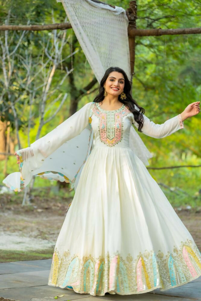 Joban Fashion White Chinnon Silk Sequence Embroidery Work Readymade Kurta Set