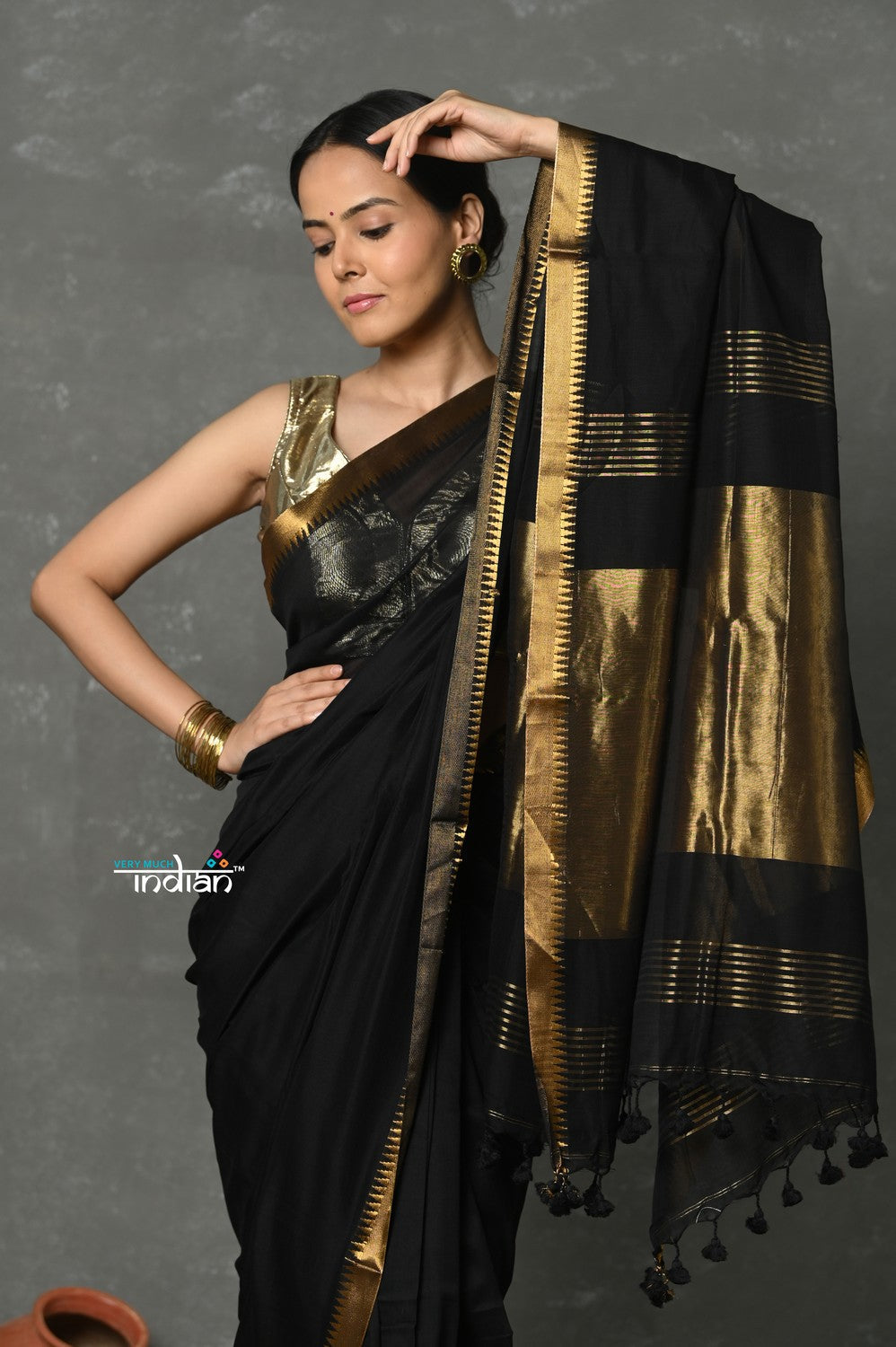 Very Much Indian Tyohaar - Designed by VMI - Pure High Quality Mul Cotton Handloom Saree - Black Gold