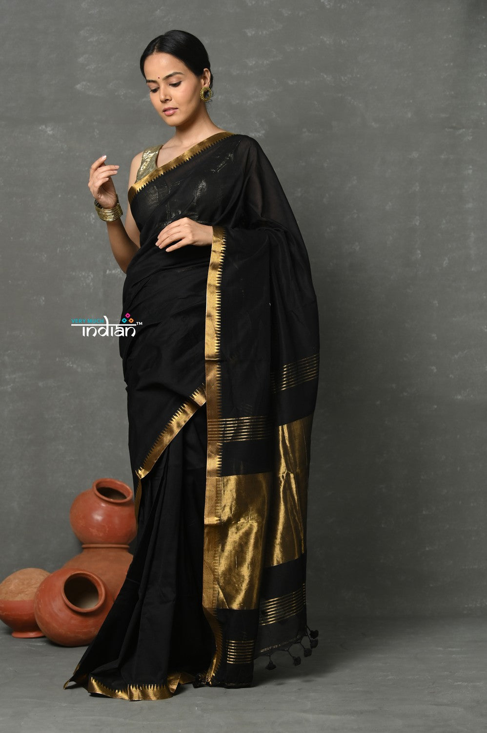 Very Much Indian Tyohaar - Designed by VMI - Pure High Quality Mul Cotton Handloom Saree - Black Gold