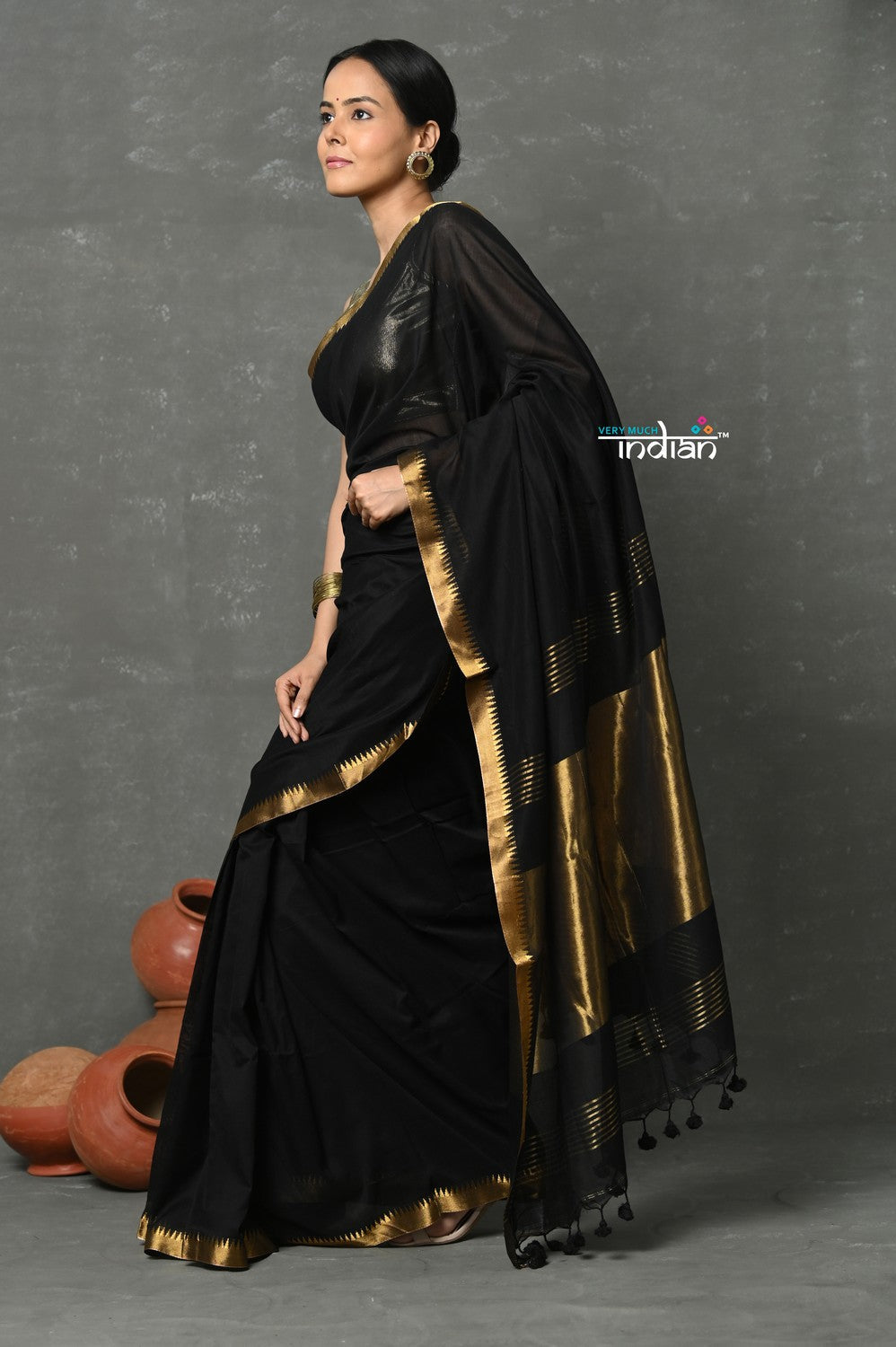 Very Much Indian Tyohaar - Designed by VMI - Pure High Quality Mul Cotton Handloom Saree - Black Gold