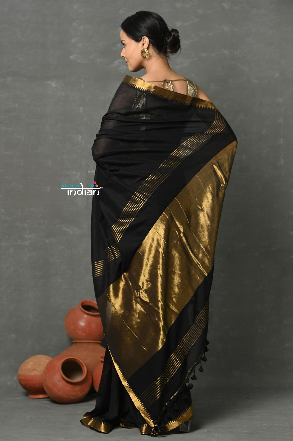 Very Much Indian Designed by VMI ~ Pure High Quality Mul Cotton Handloom Saree - Black Gold