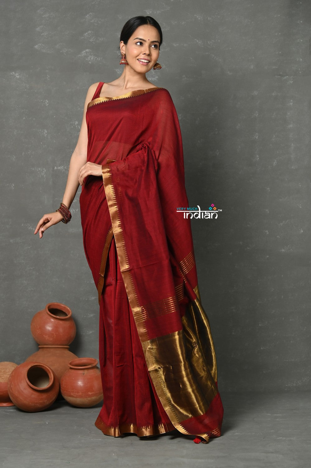 Very Much Indian Designer! High Quality Pure Mul Cotton Handloom Saree - Maroon