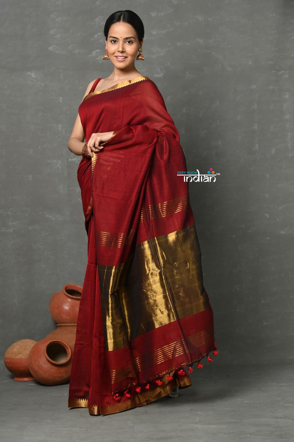 Very Much Indian Designer! High Quality Pure Mul Cotton Handloom Saree - Maroon