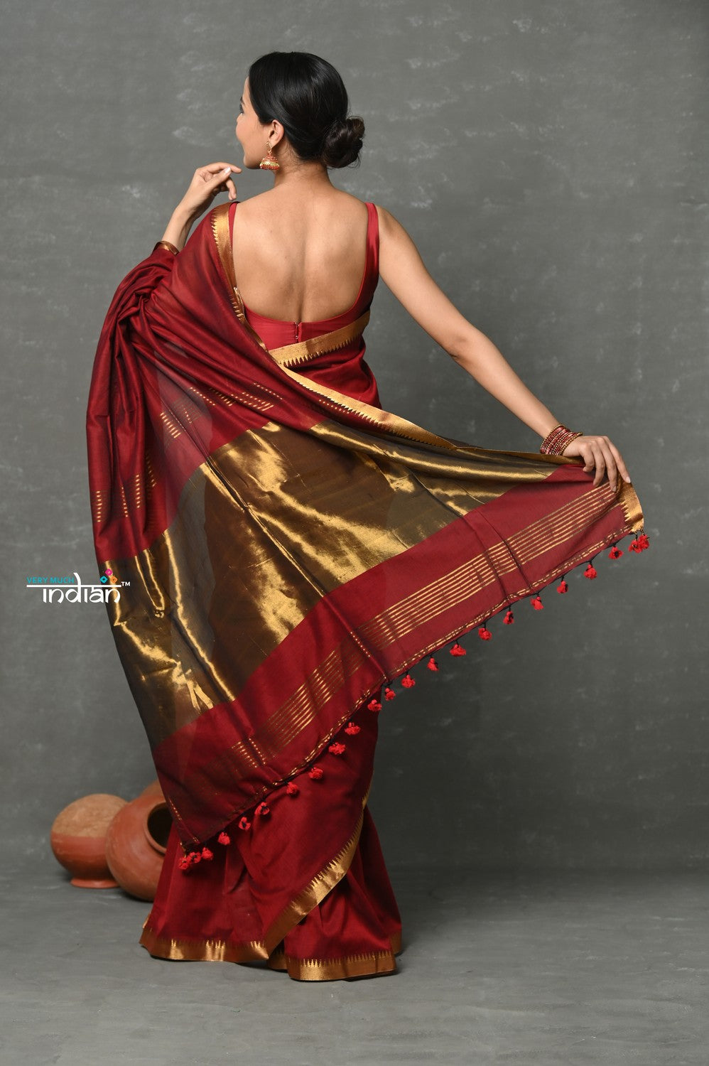 Very Much Indian Designer! High Quality Pure Mul Cotton Handloom Saree - Maroon