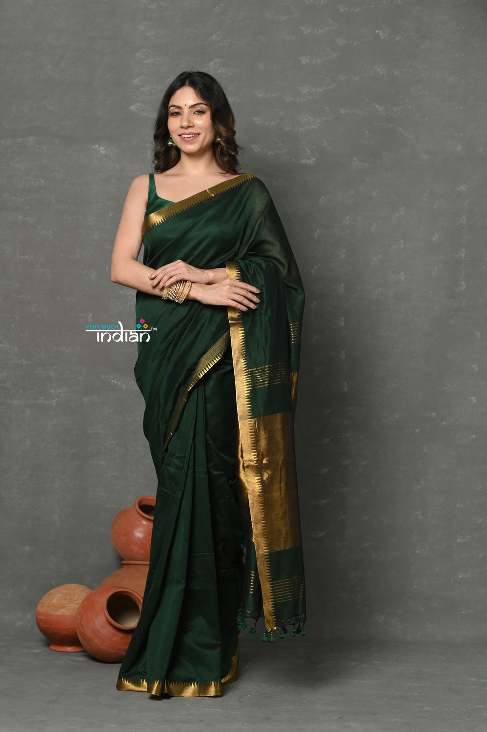 Very Much Indian ! High Quality Pure Mul Cotton Handloom Saree - Dark Green