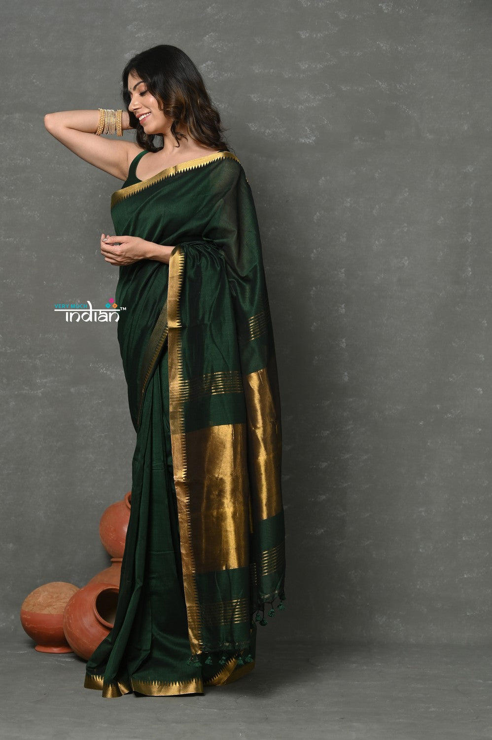 Very Much Indian ! High Quality Pure Mul Cotton Handloom Saree - Dark Green