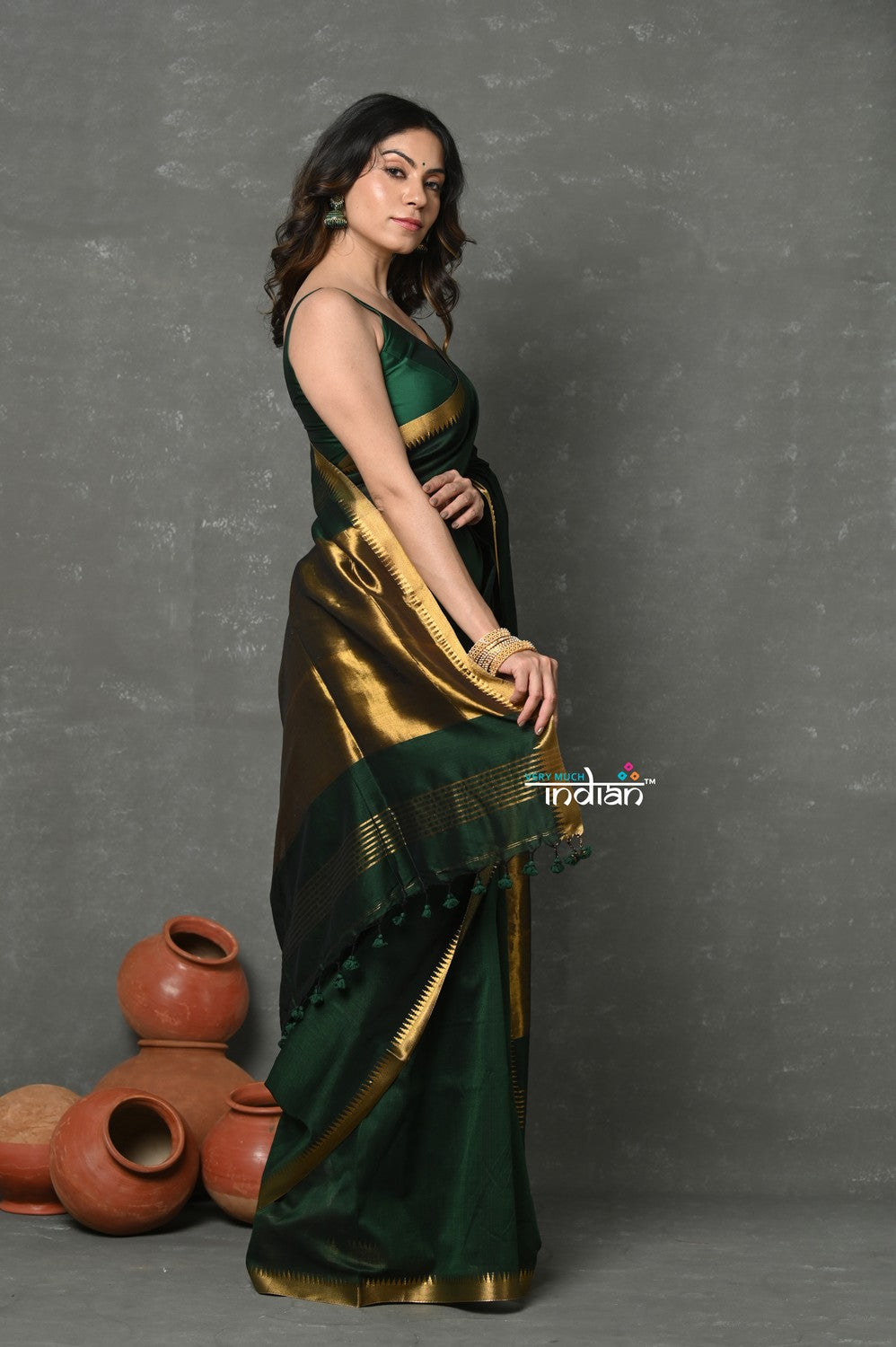 Very Much Indian ! High Quality Pure Mul Cotton Handloom Saree - Dark Green