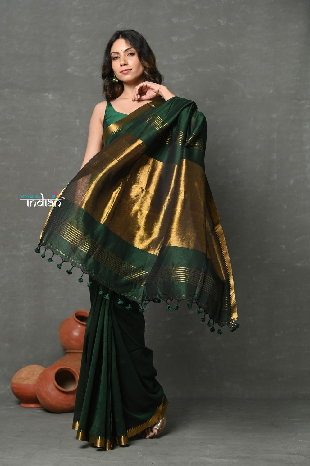Very Much Indian ! High Quality Pure Mul Cotton Handloom Saree - Dark Green