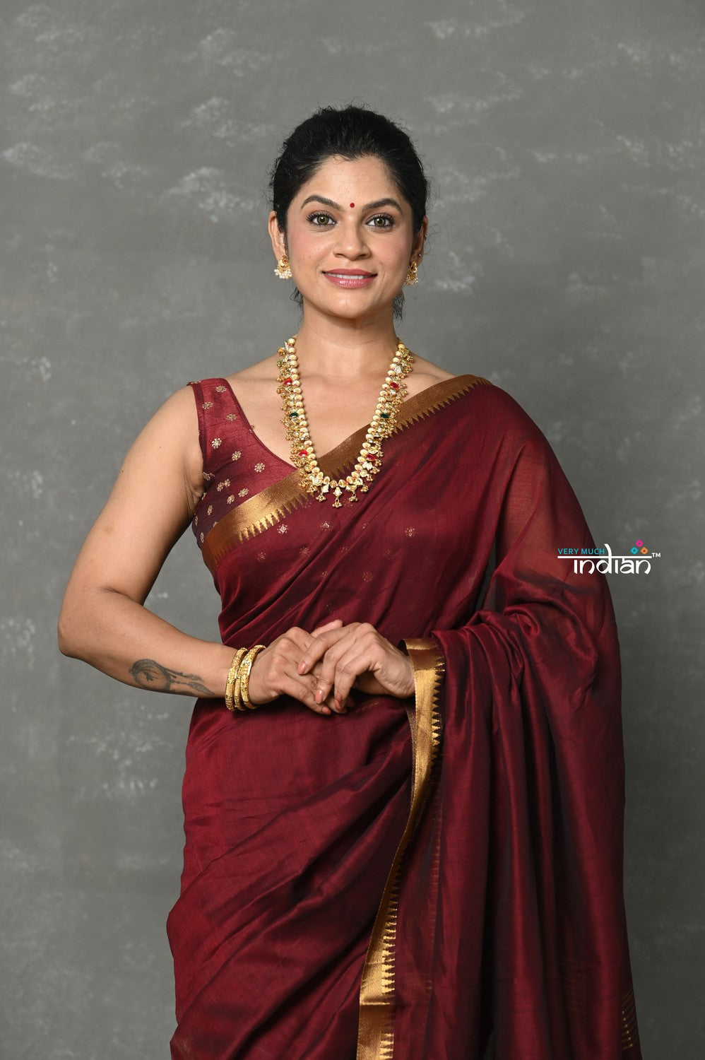 Very Much Indian Designer! High Quality Pure Mul Cotton Handloom Saree - Dark Maroon