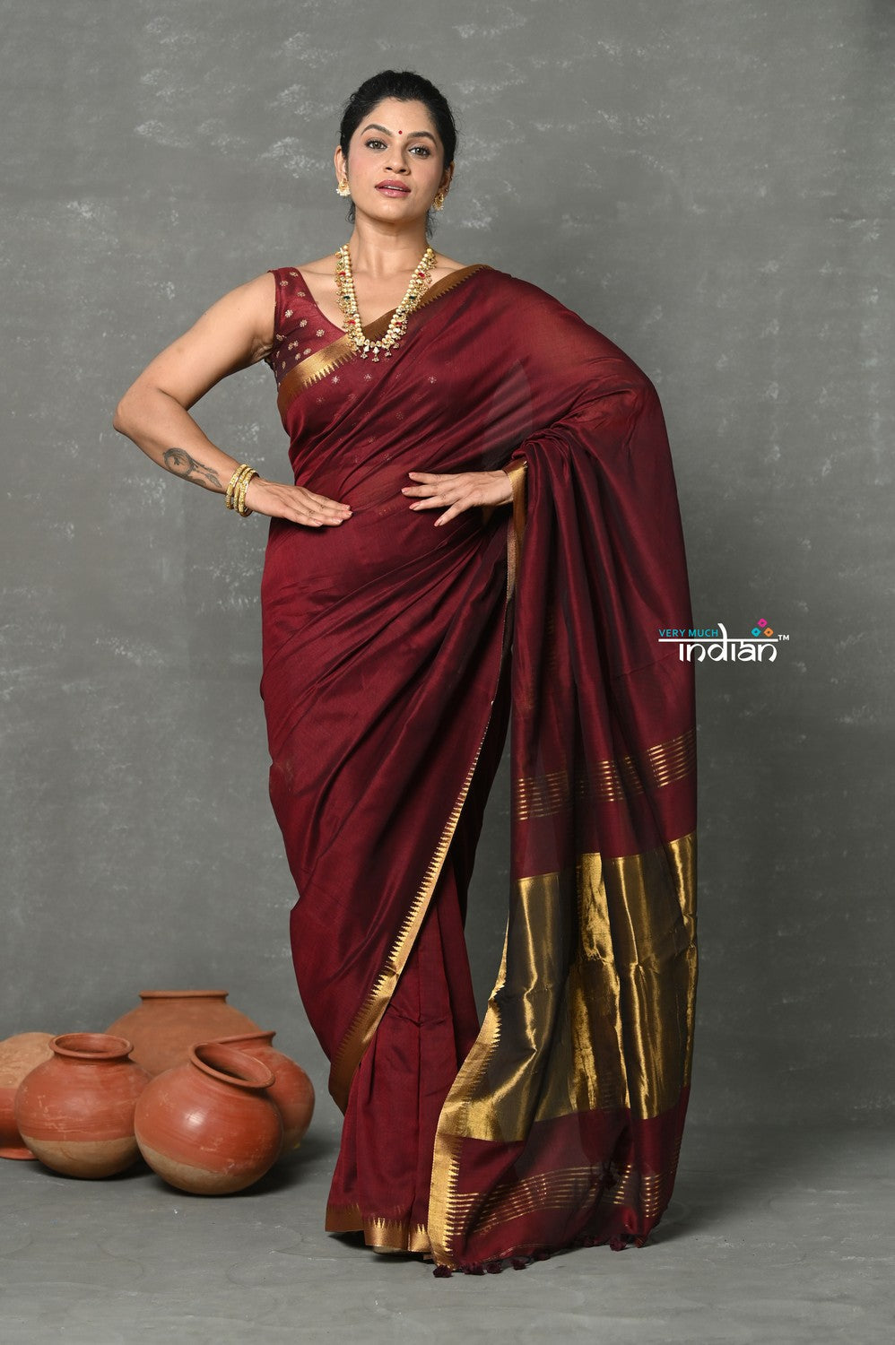 Very Much Indian Tyohaar - Designer! High Quality Pure Mul Cotton Handloom Saree - Dark Maroon