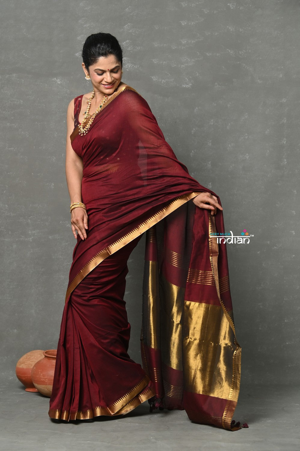 Very Much Indian Designer! High Quality Pure Mul Cotton Handloom Saree - Dark Maroon