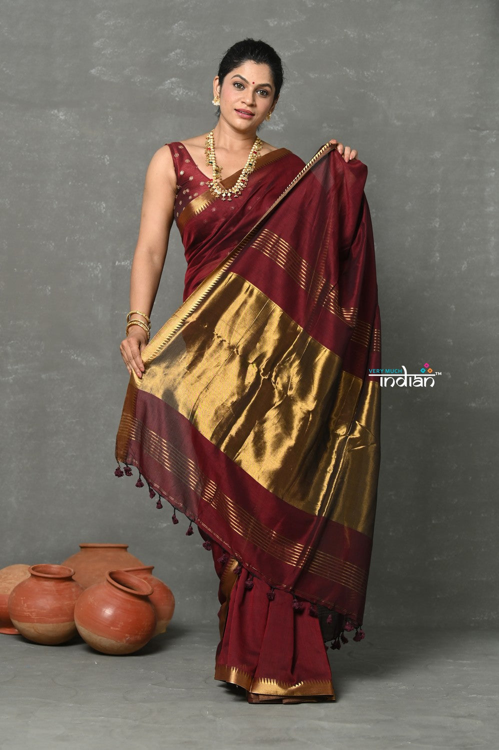 Very Much Indian Designer! High Quality Pure Mul Cotton Handloom Saree - Dark Maroon