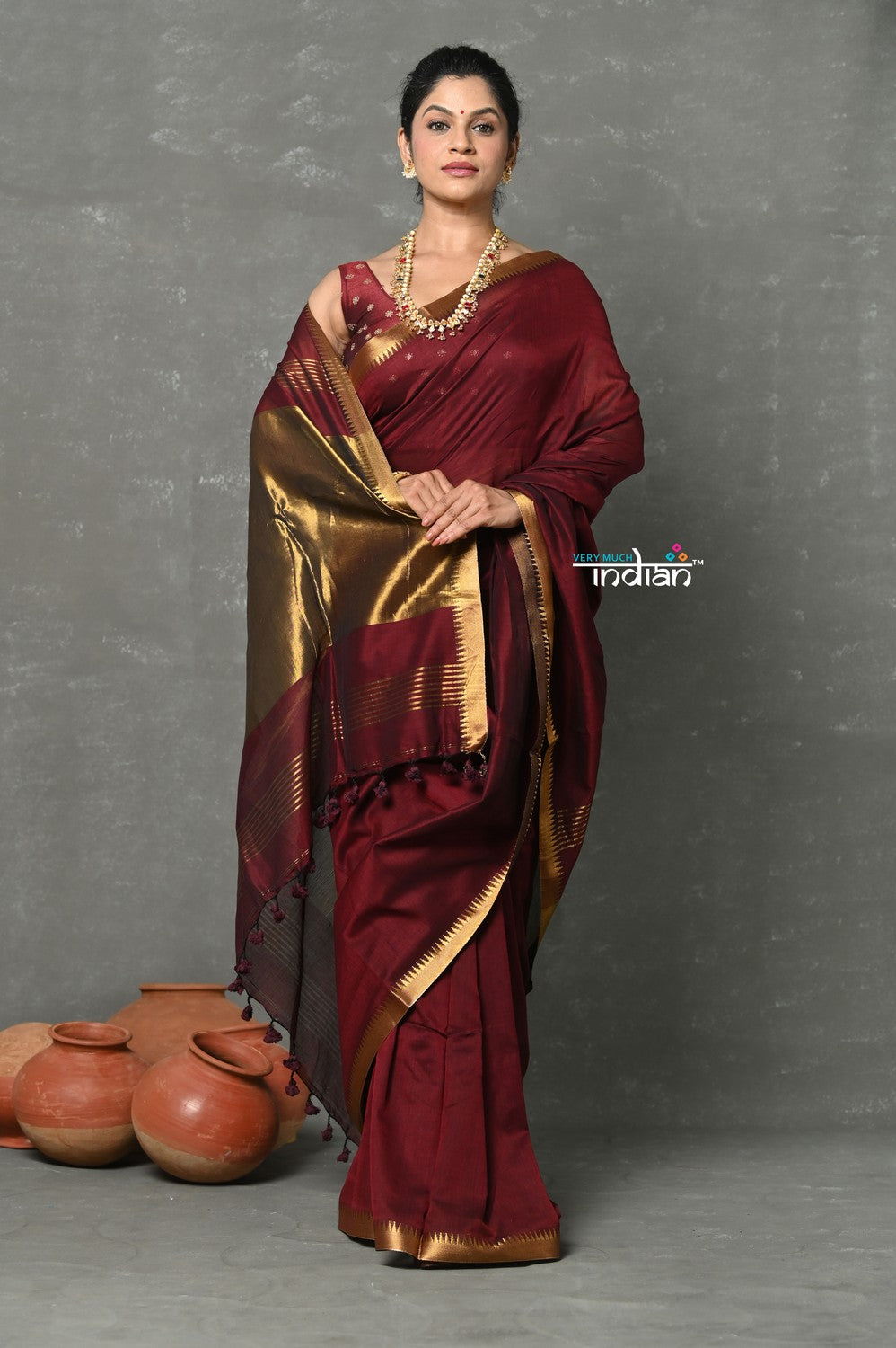 Very Much Indian Tyohaar - Designer! High Quality Pure Mul Cotton Handloom Saree - Dark Maroon