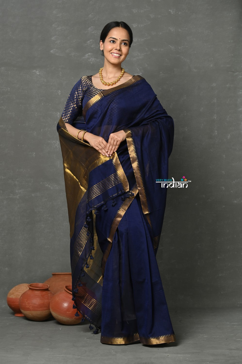 Very Much Indian Tyohaar - Designer! High Quality Pure Mul Cotton Handloom Saree - Dark Blue
