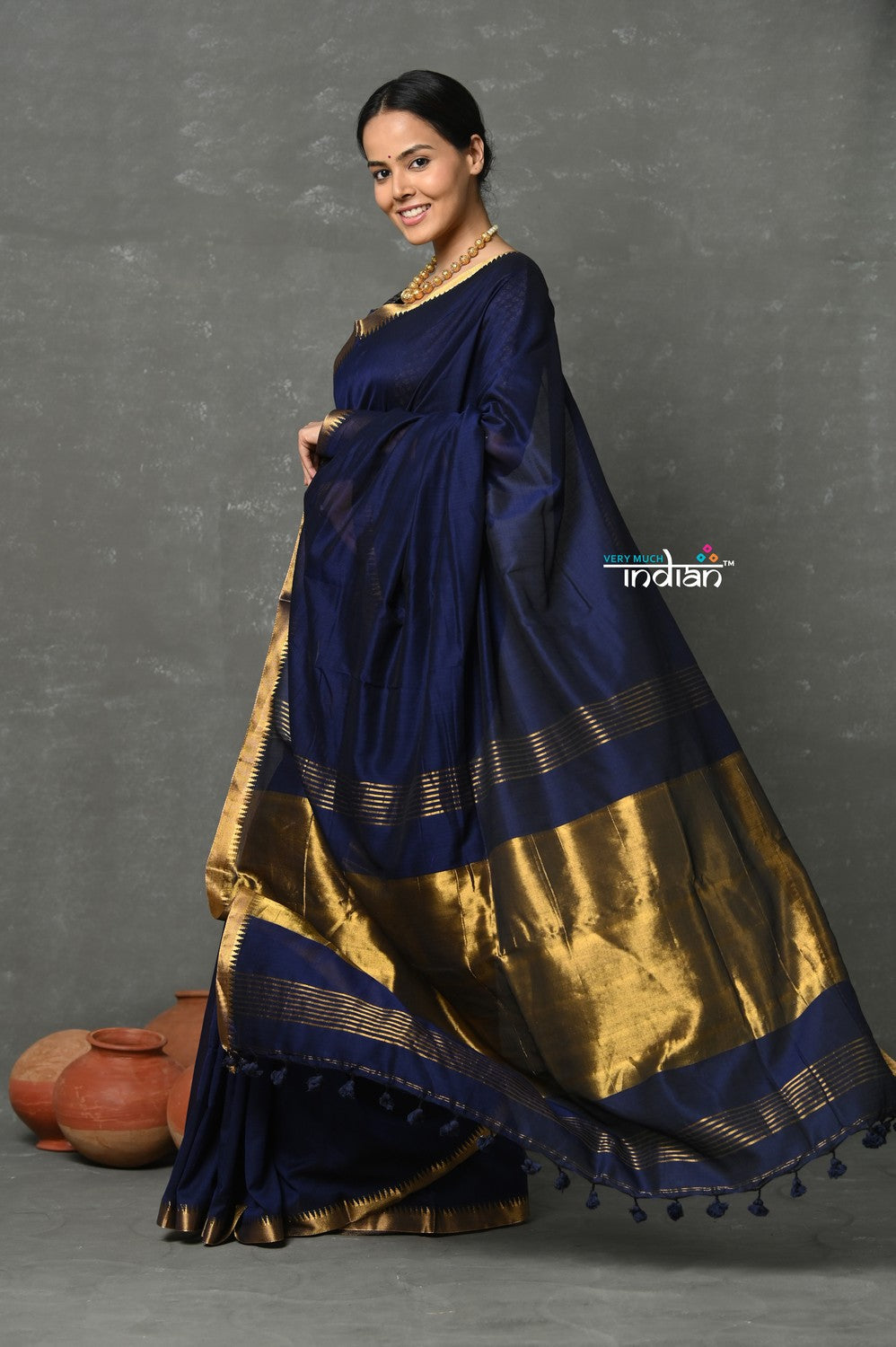 Very Much Indian Tyohaar - Designer! High Quality Pure Mul Cotton Handloom Saree - Dark Blue
