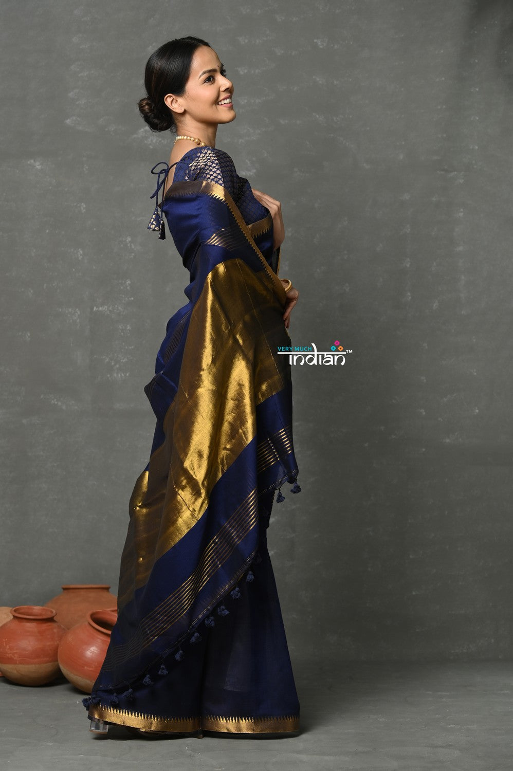 Very Much Indian Tyohaar - Designer! High Quality Pure Mul Cotton Handloom Saree - Dark Blue