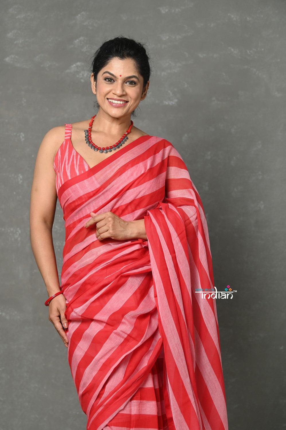 Very Much Indian Designer! High Quality Pure Mul Cotton Handloom Saree - Red