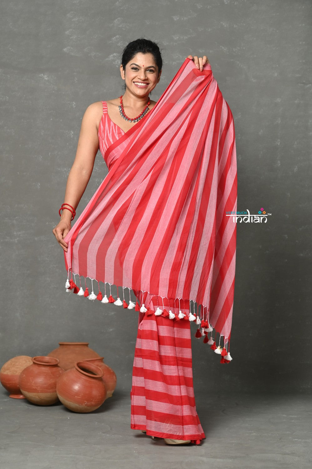 Very Much Indian Designer! High Quality Pure Mul Cotton Handloom Saree - Red