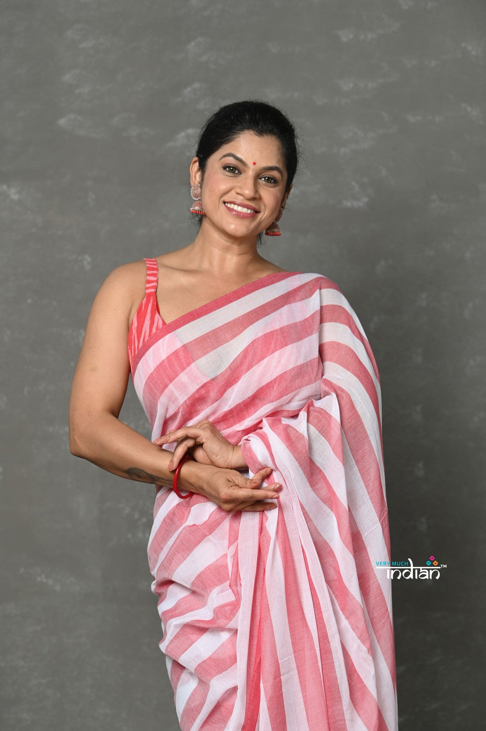 Very Much Indian Tyohaar - Designer! Pure Mul Cotton Handloom Saree - Red White Stripes