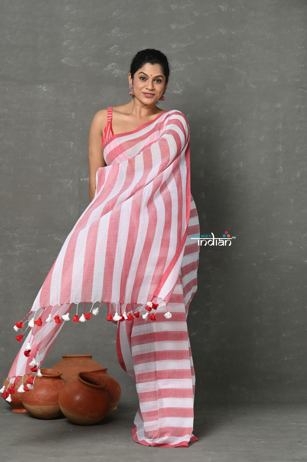 Very Much Indian Designer! Pure Mul Cotton Handloom Saree - Red White Stripes