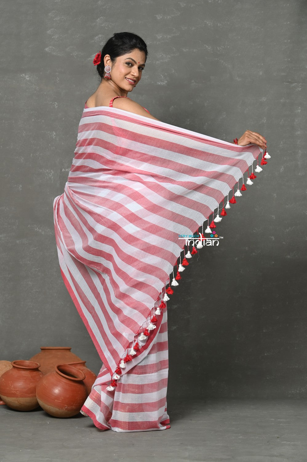 Very Much Indian Designer! Pure Mul Cotton Handloom Saree - Red White Stripes