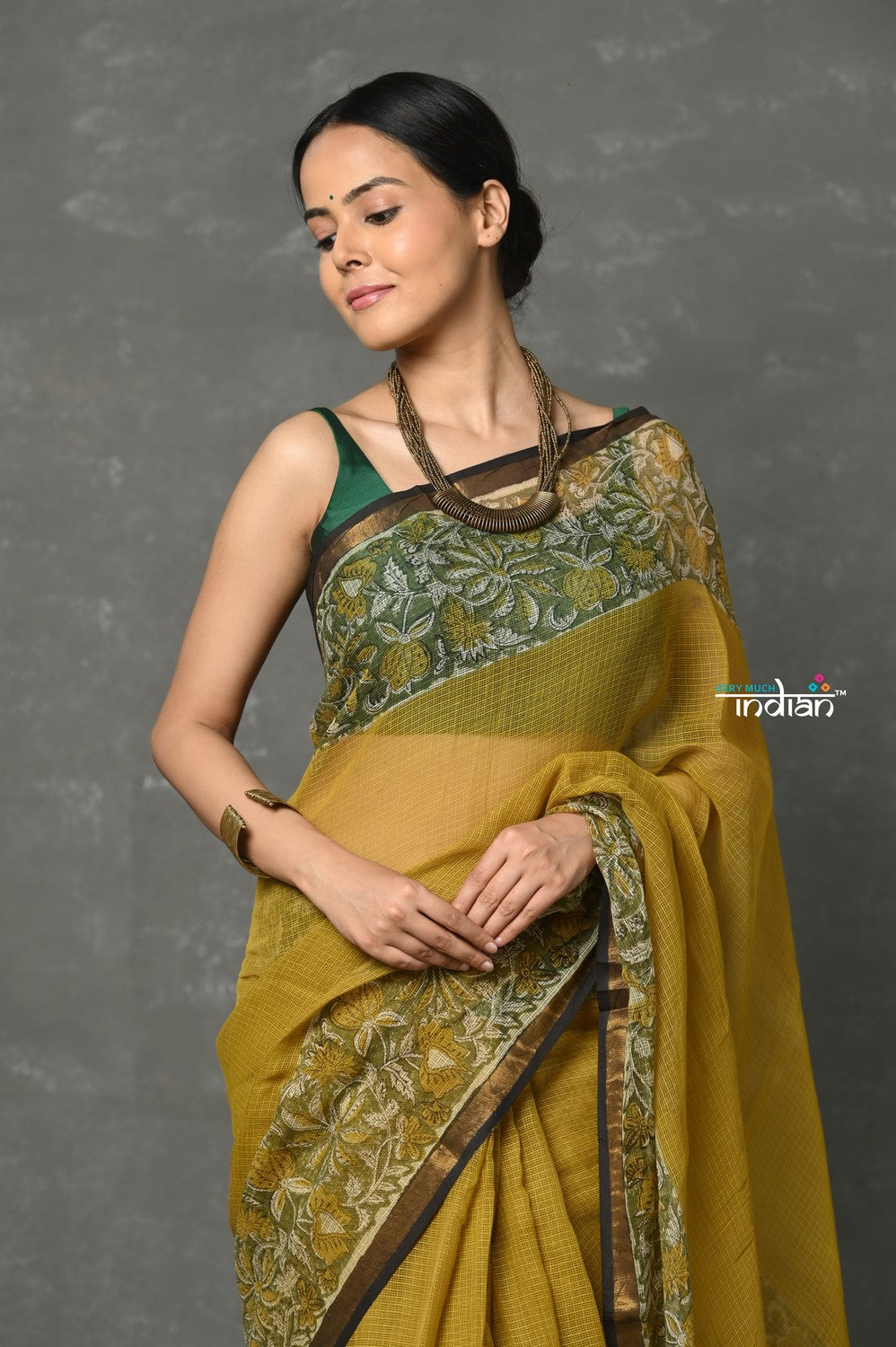 Very Much Indian Pure Kota Cotton Handblock Printed - Olive Yellow