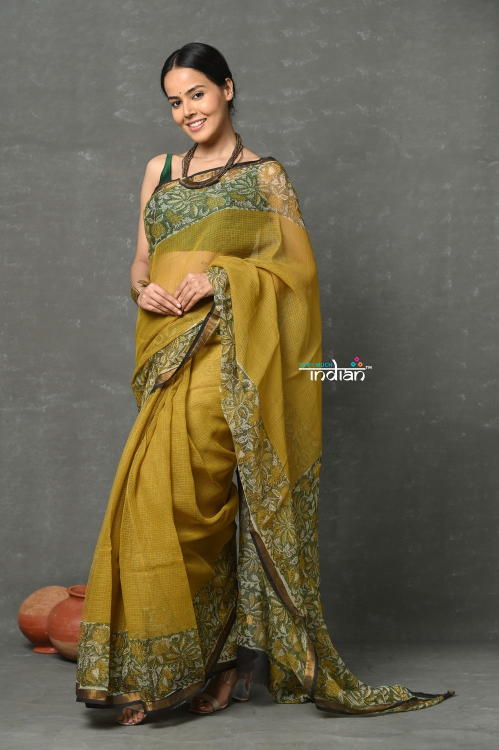 Very Much Indian Pure Kota Cotton Handblock Printed - Olive Yellow