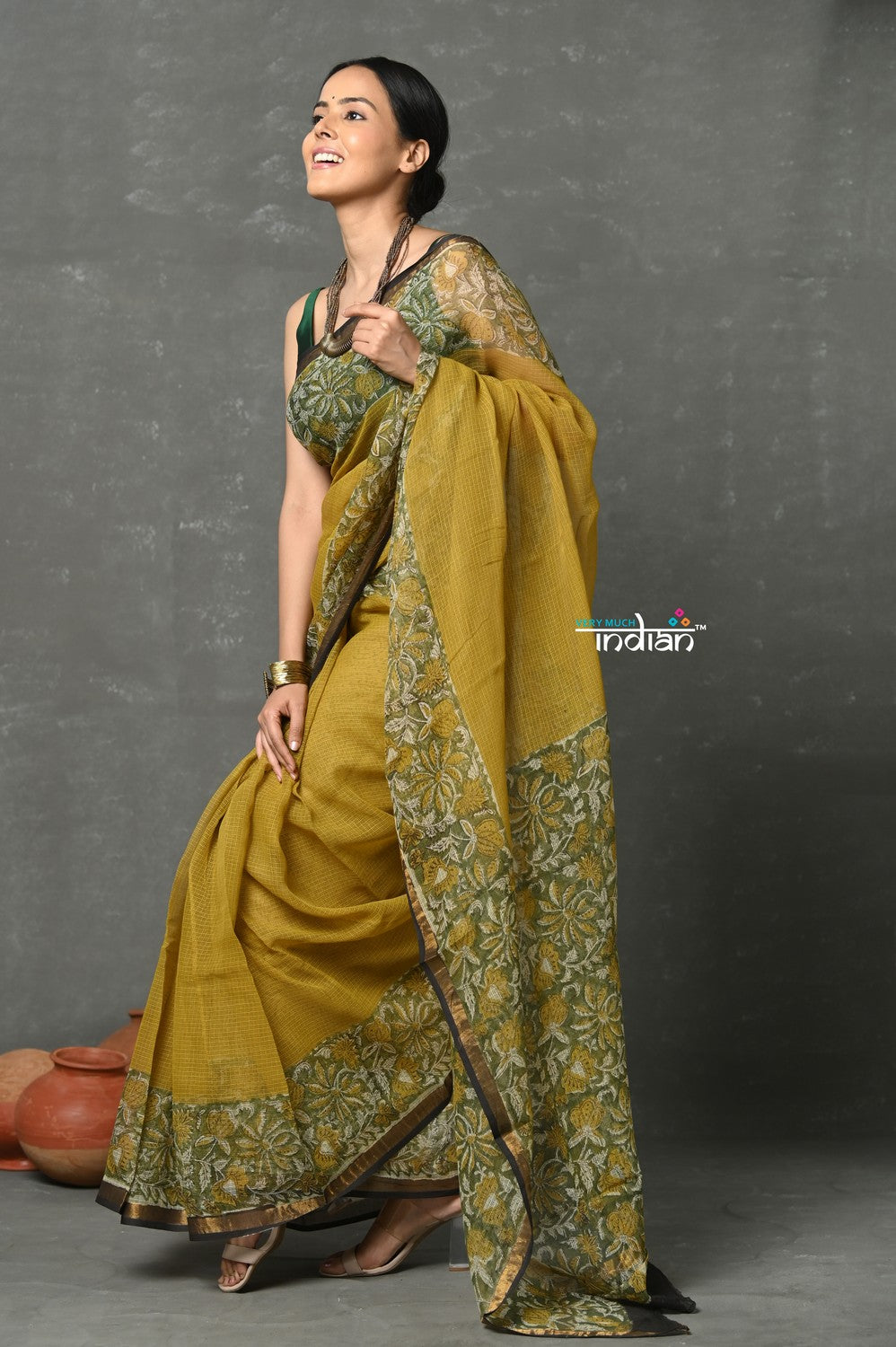 Very Much Indian Pure Kota Cotton Handblock Printed - Olive Yellow