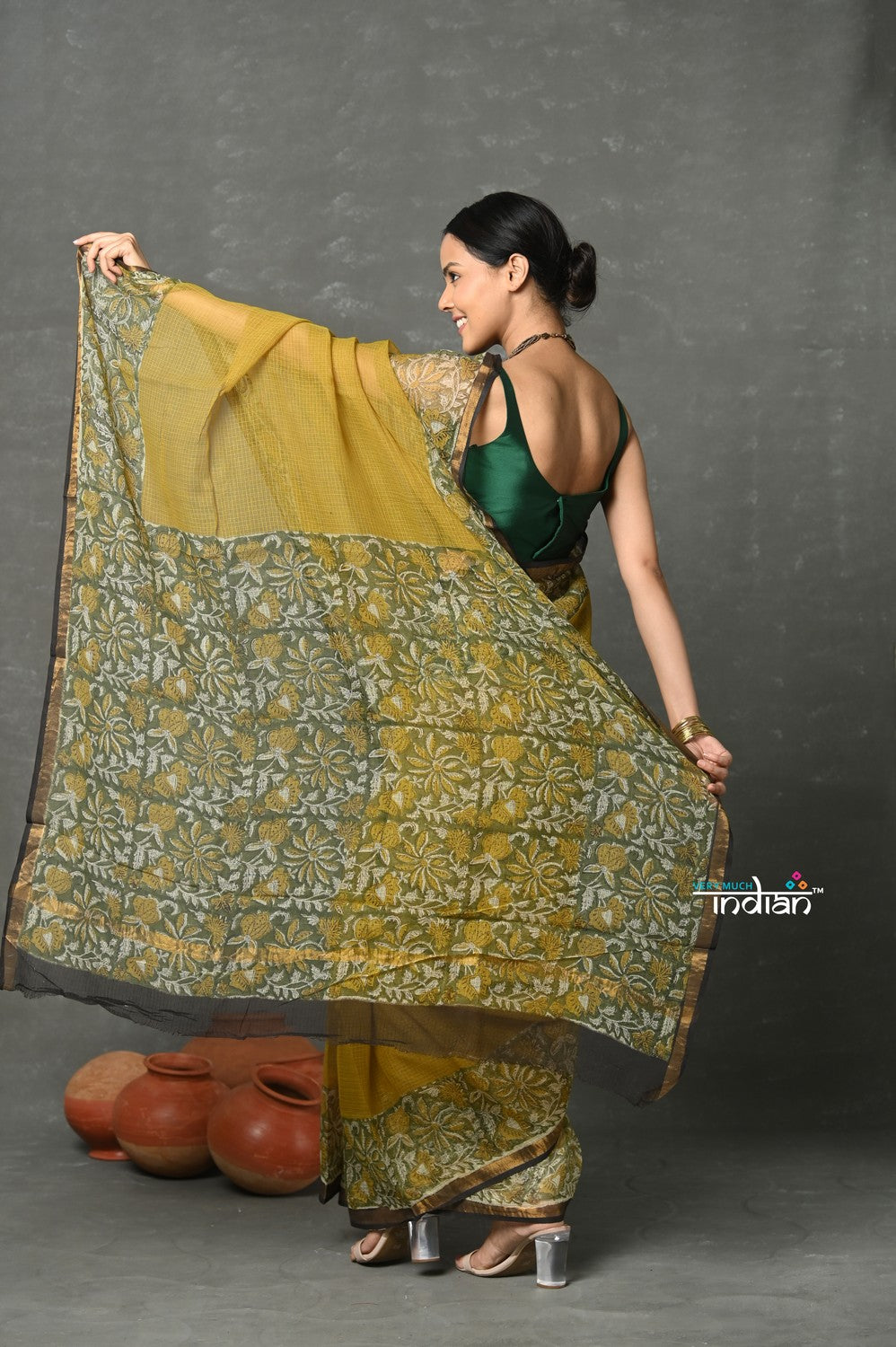 Very Much Indian Pure Kota Cotton Handblock Printed - Olive Yellow