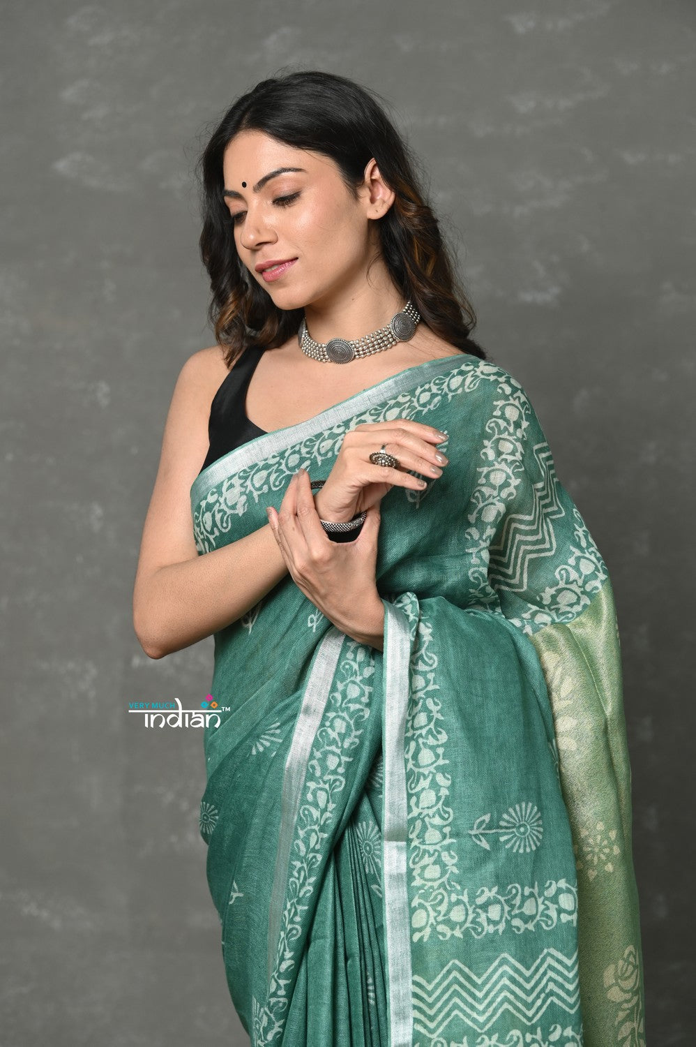Very Much Indian Designed By VMI~ Handloom Pure Organic Natural Linen Saree - HandBlock Printed - Olive Green