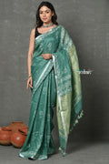Very Much Indian Designed By VMI~ Handloom Pure Organic Natural Linen Saree - HandBlock Printed - Olive Green