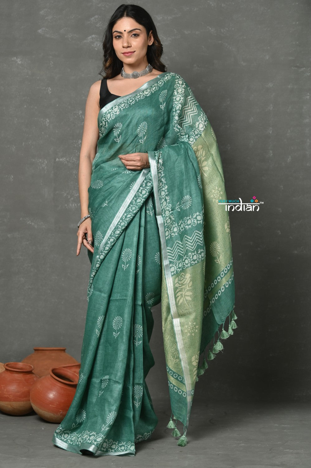 Very Much Indian Designed By VMI~ Handloom Pure Organic Natural Linen Saree - HandBlock Printed - Olive Green