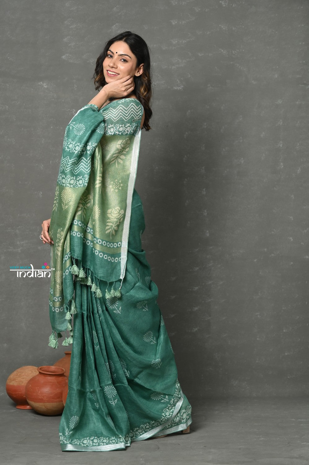 Very Much Indian Designed By VMI~ Handloom Pure Organic Natural Linen Saree - HandBlock Printed - Olive Green
