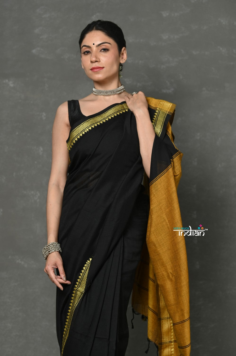 Very Much Indian Tyohaar - Pure Mul Cotton Handloom Saree - Black