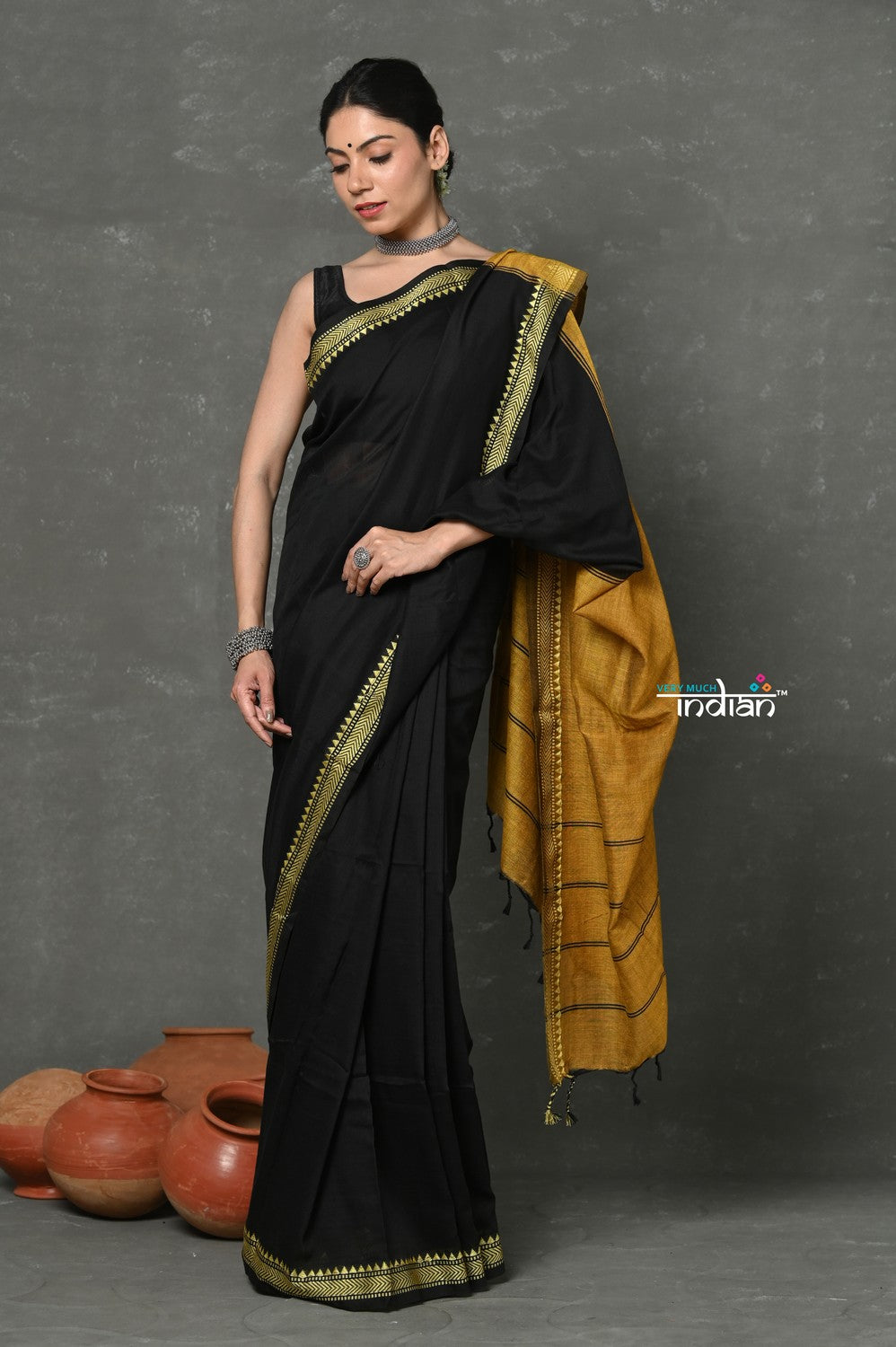 Very Much Indian Pure Mul Cotton Handloom Saree - Black