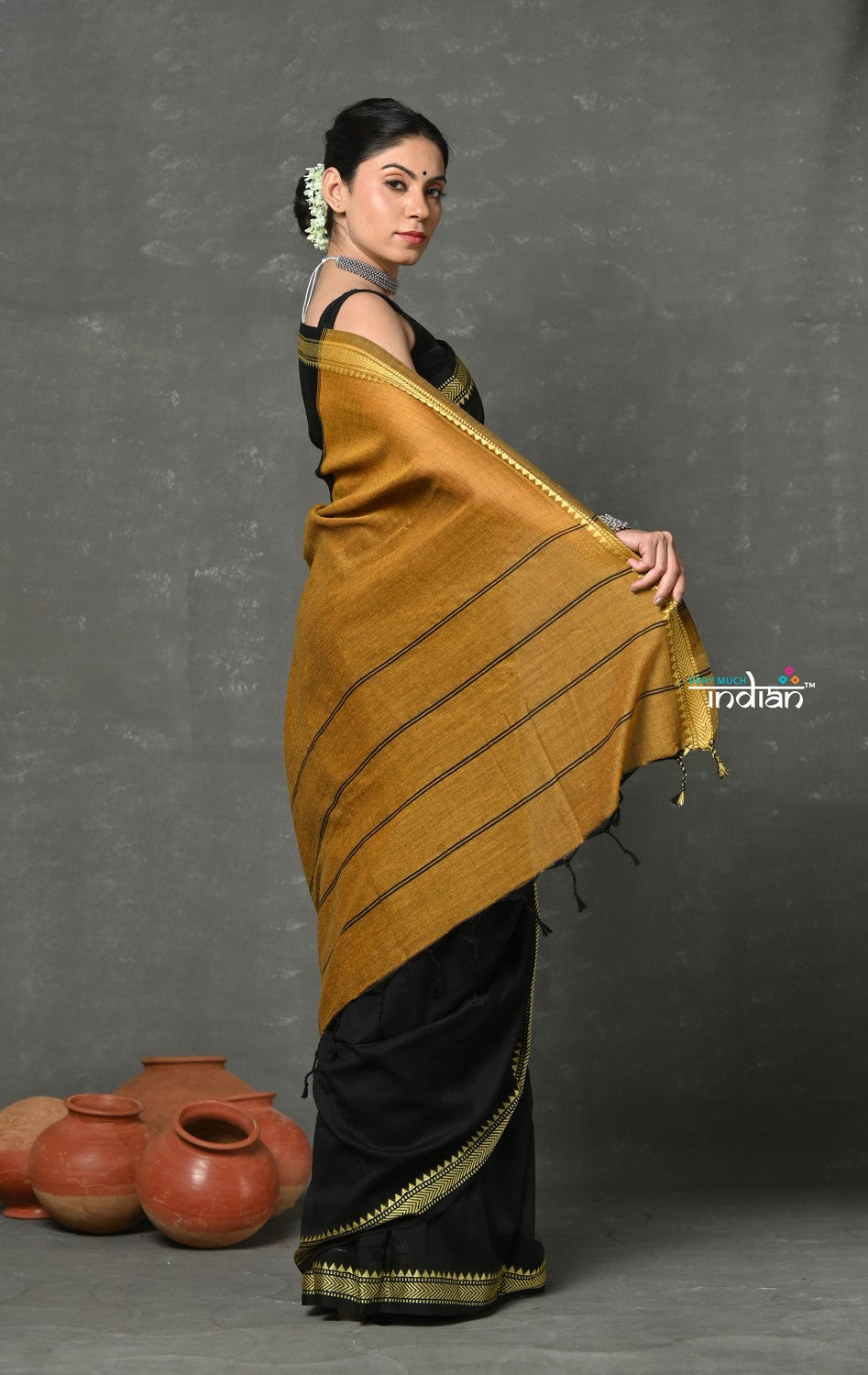 Very Much Indian Tyohaar - Pure Mul Cotton Handloom Saree - Black